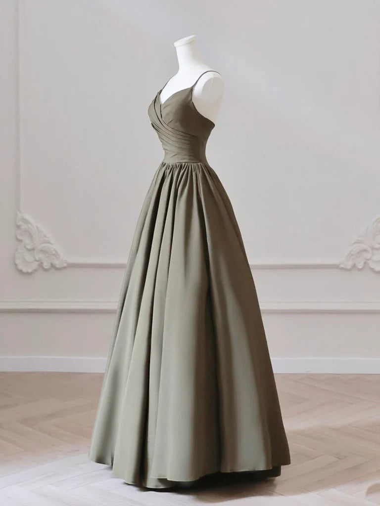 A-Line V Neck Satin Olive Green Long Prom Dress