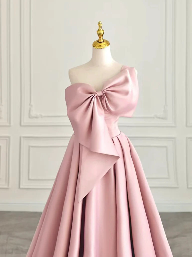 A-Line Sweetheart Neck Satin Pink Long Prom Dress