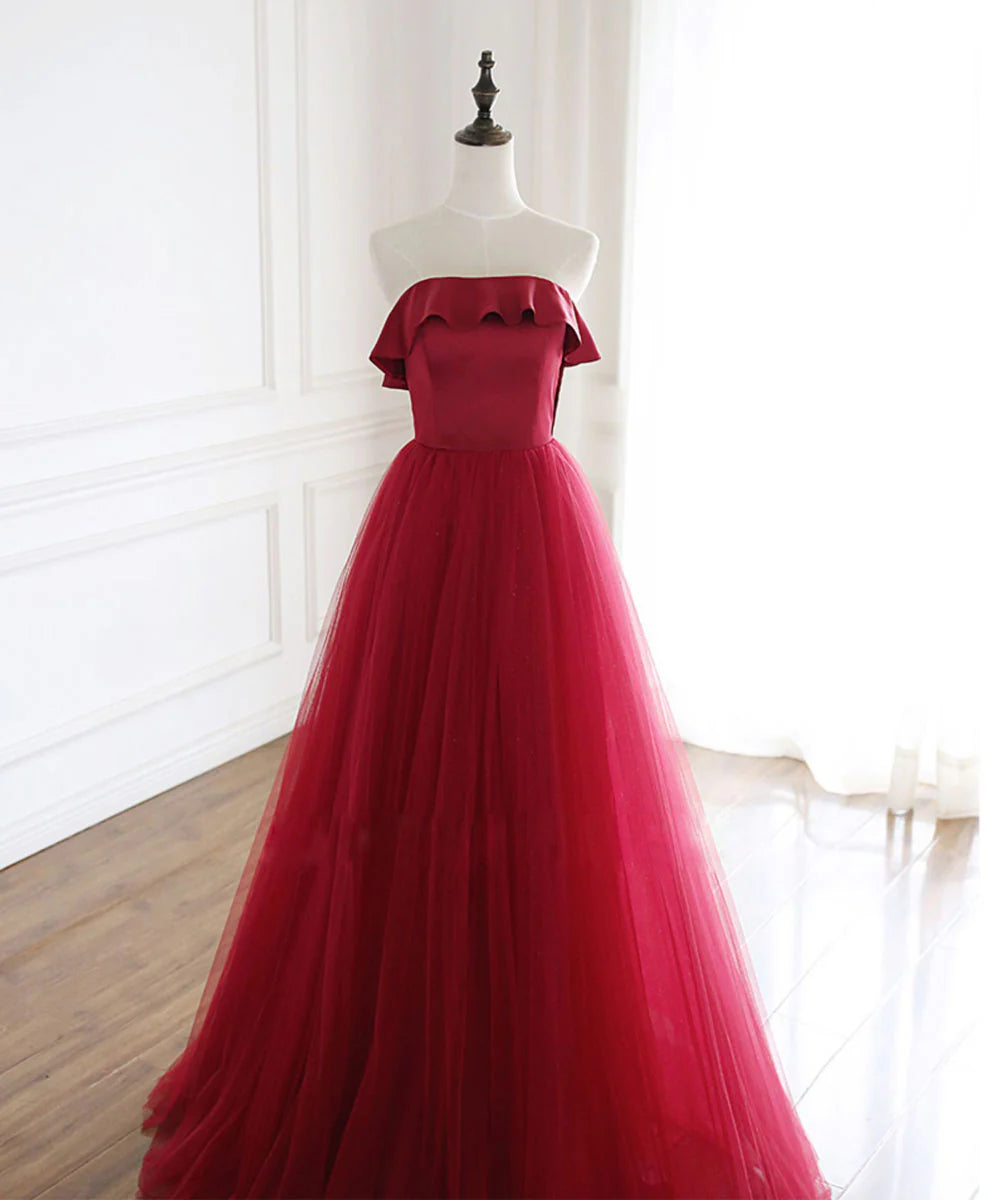Tulle Long Prom Dress Aline Burgundy Formal Party Dress
