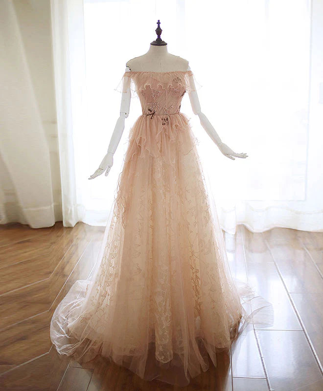 Tulle Lace Long Prom Dress Champagne Evening Dress