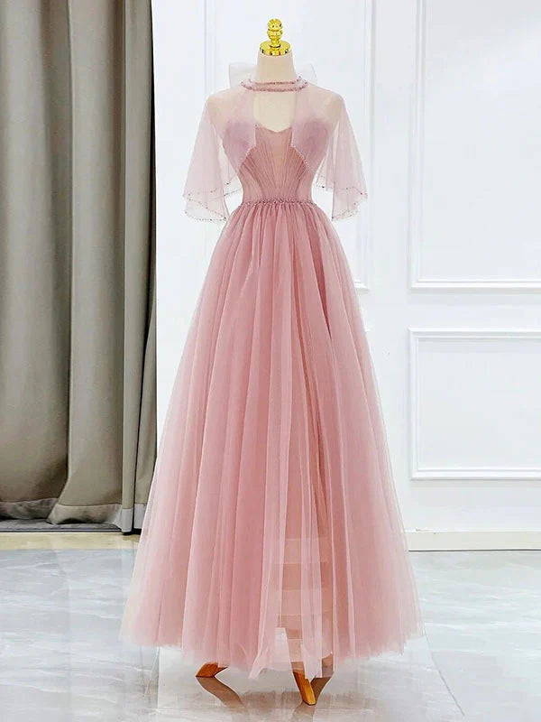 Tulle Tea Length Prom Dress Pink Tulle Formal Dress