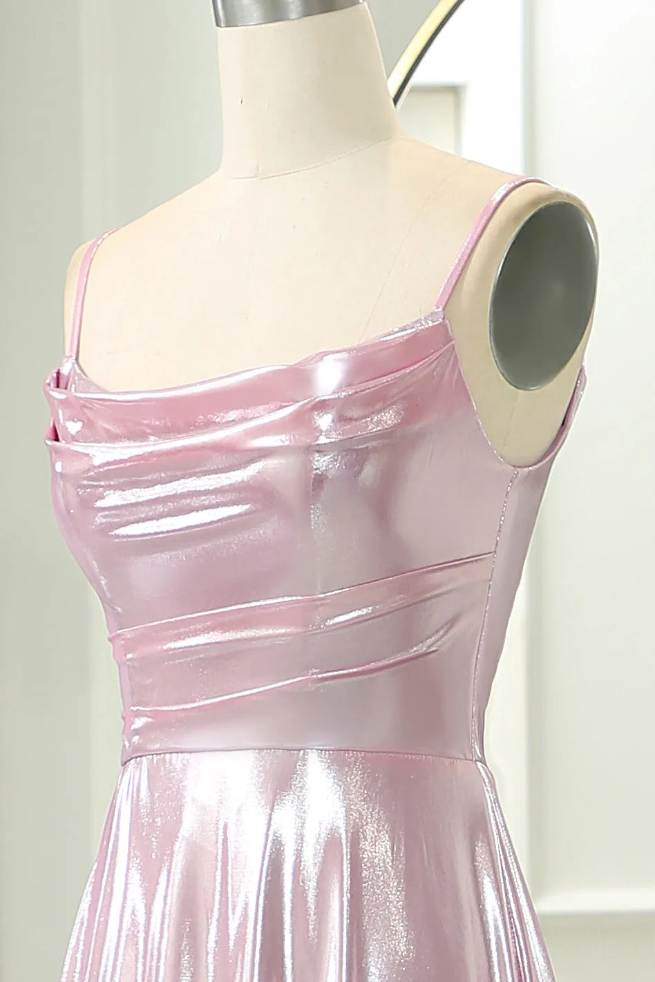 Pink A-Line Spaghetti Straps Long Prom Dress With Slit