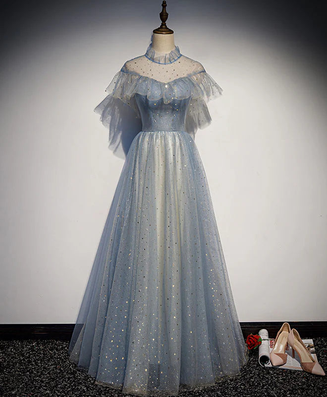 Tulle Lace Long Prom Dress Gray Blue Tulle Evening Dress