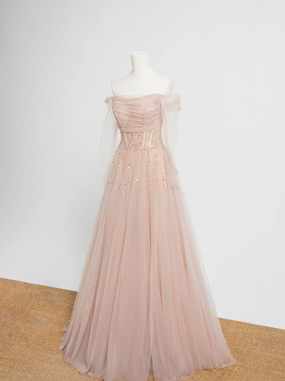 Tulle Beads Long Prom Dress Champagne Evening Dress