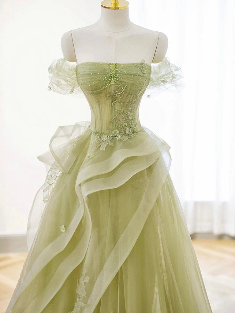 A-Line Off Shoulder Tulle Lace Green Long Prom Dress