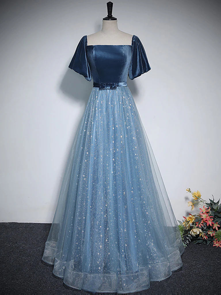 A-Line Tulle Velvet Blue Long Prom Dress