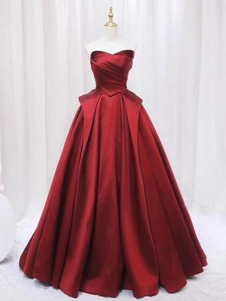 A-Line Satin Burgundy Long Prom Dress