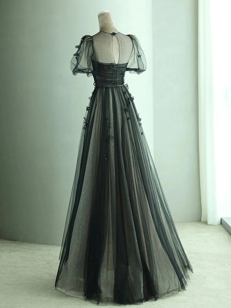 Black A-Line Tulle Butterfly Long Prom Dress