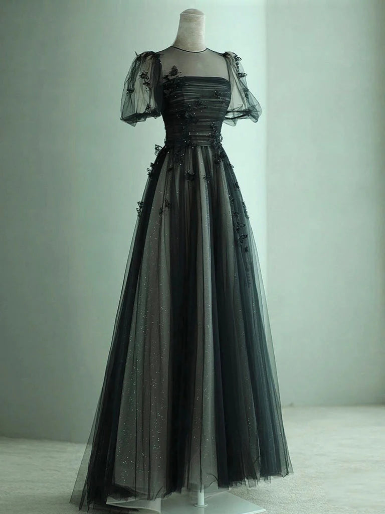 Black A-Line Tulle Butterfly Long Prom Dress