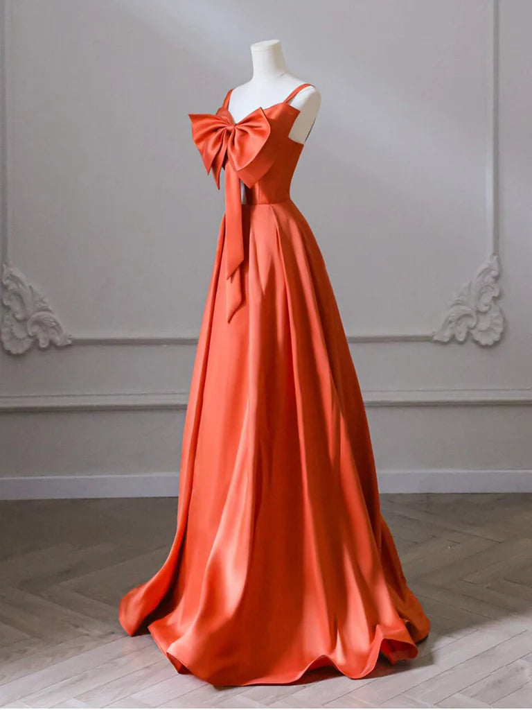 A-Line Orange Satin Long Prom Dress