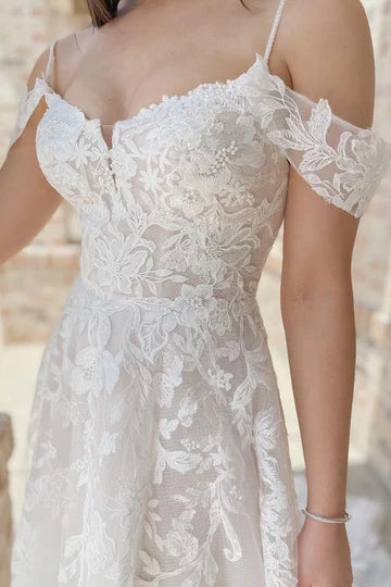 Cold-Shoulder White Lace A-Line Long Wedding Dress