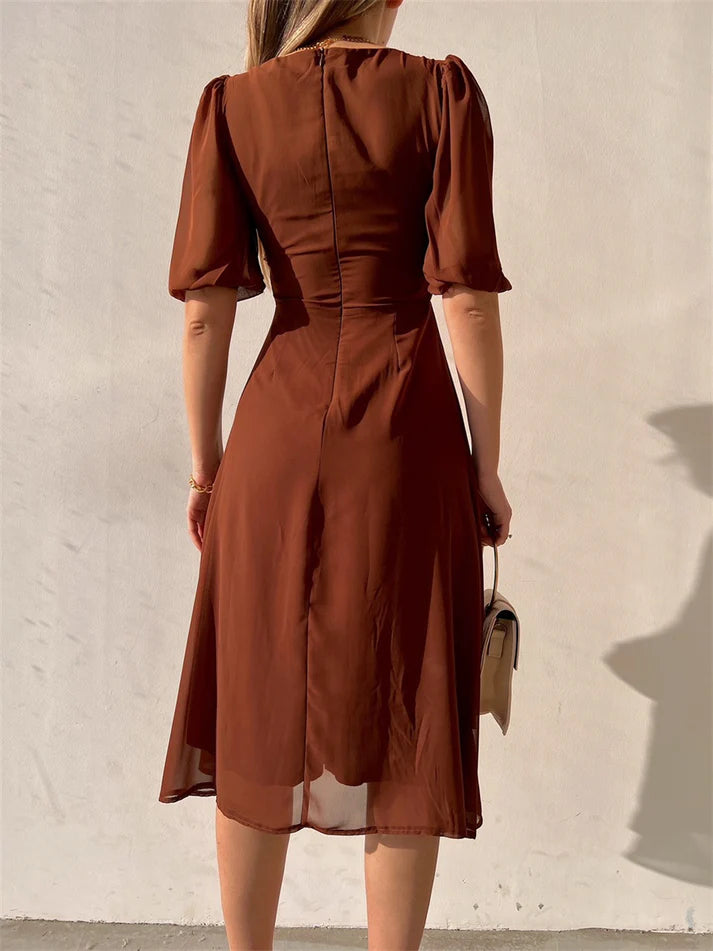 Mesh Puff Sleeve Midi Dress Fashion Women Lace Prom Dress