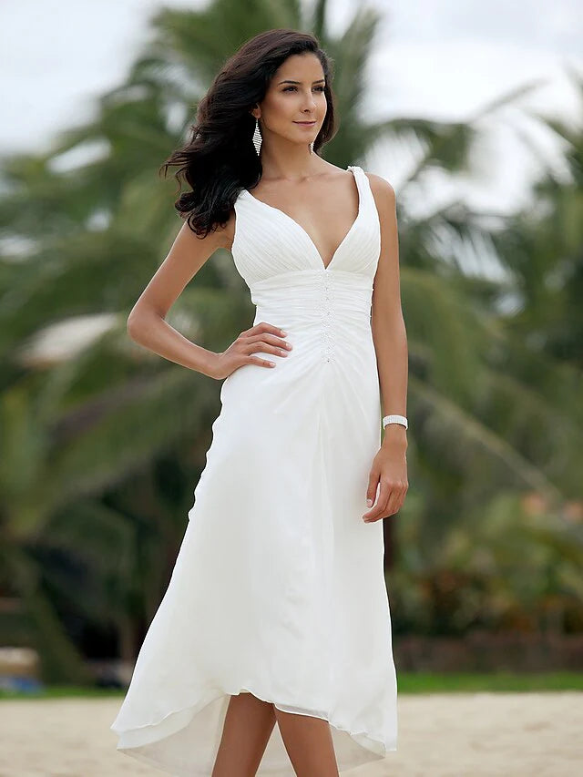 DingjiA-Line Wedding Dresses V Neck Asymmetrical Chiffon Spaghetti Strap Formal Casual Backless with Ruched