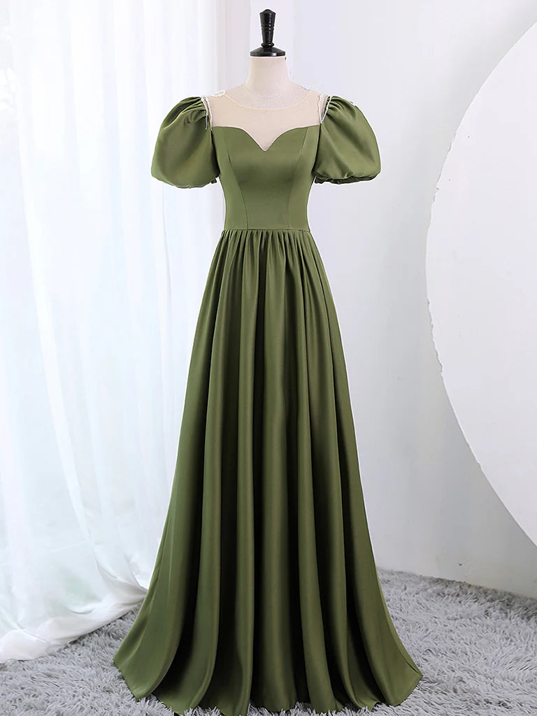 A-Line Scoop Neckline Puff Sleeves Satin Long Green Prom Dress