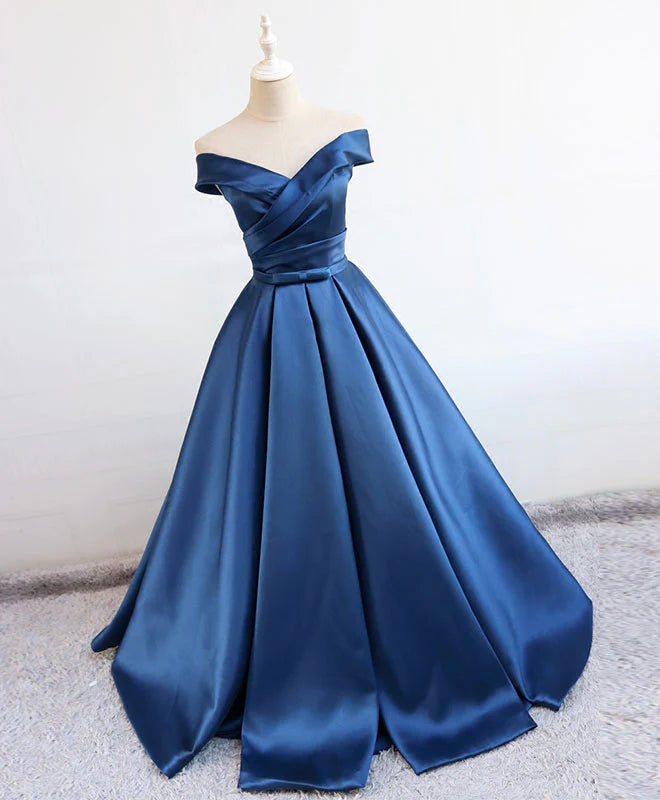 Blue Satin Long Prom Dress Formal Bridesmaid Dresses