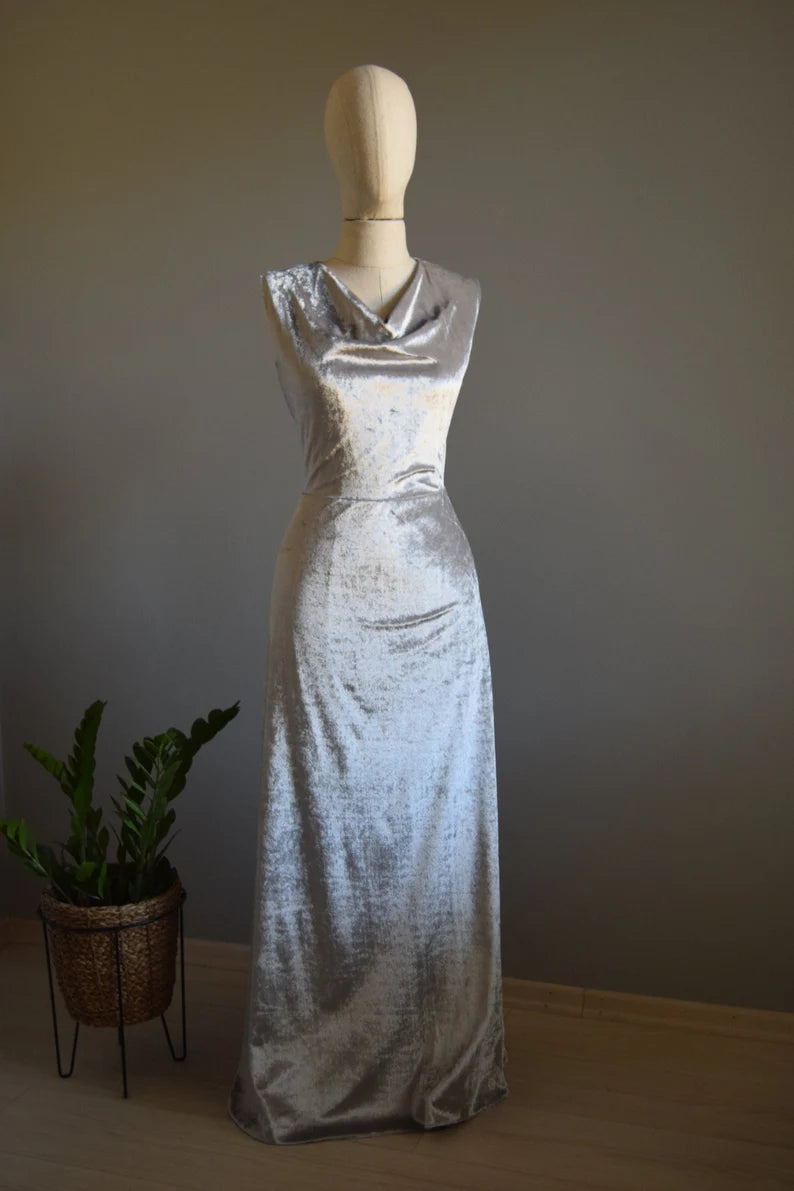 Cowl Neck Silver Crushed Velvet Prom Dress Silver Velvet Maxi Bridal Party Maid Of Honor Mother Of Groom Dress