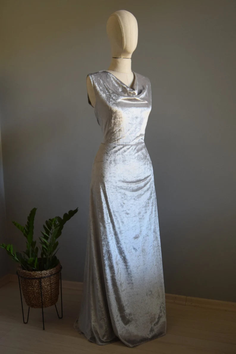 Cowl Neck Silver Crushed Velvet Prom Dress Silver Velvet Maxi Bridal Party Maid Of Honor Mother Of Groom Dress