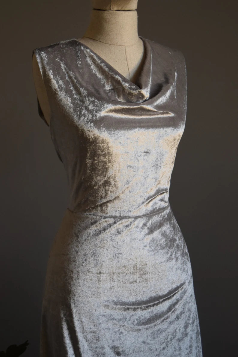 Cowl Neck Silver Crushed Velvet Prom Dress Silver Velvet Maxi Bridal Party Maid Of Honor Mother Of Groom Dress