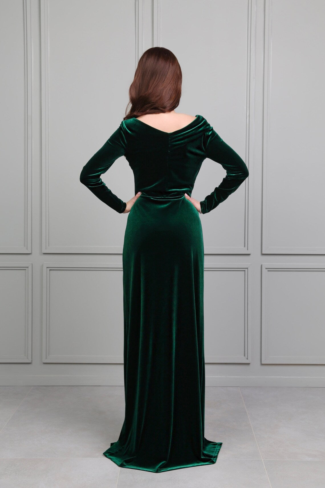 Dark Emerald Green Prom Velvet Dress Wedding Guest Dress Evening Dress Velvet Long Dress Formal Dress Elegant Dress