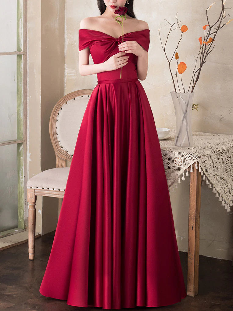 A-line Dark Red Satin Long Prom Dress Red Bridesmaid Dress