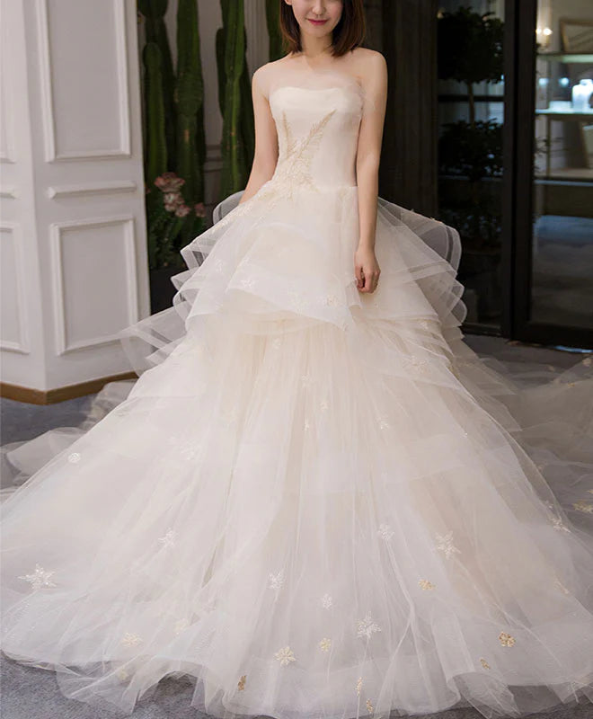 Champagne Tulle Long Wedding Dress Champagne Bridal Dress