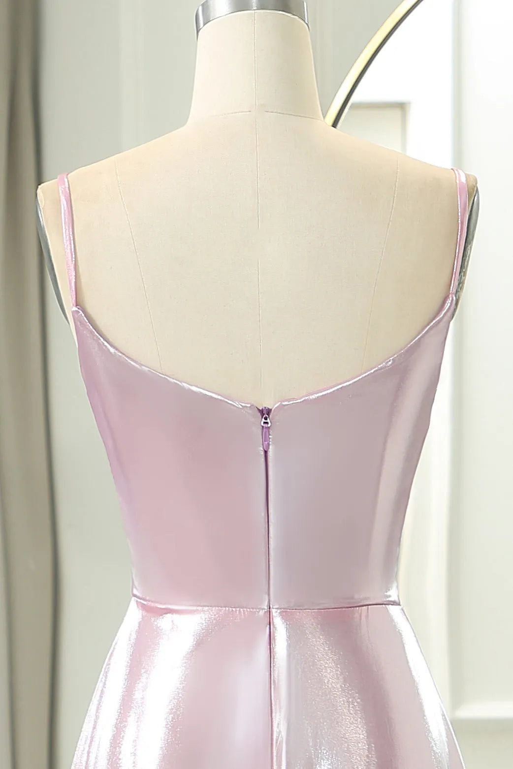 Pink A-Line Spaghetti Straps Long Prom Dress With Slit