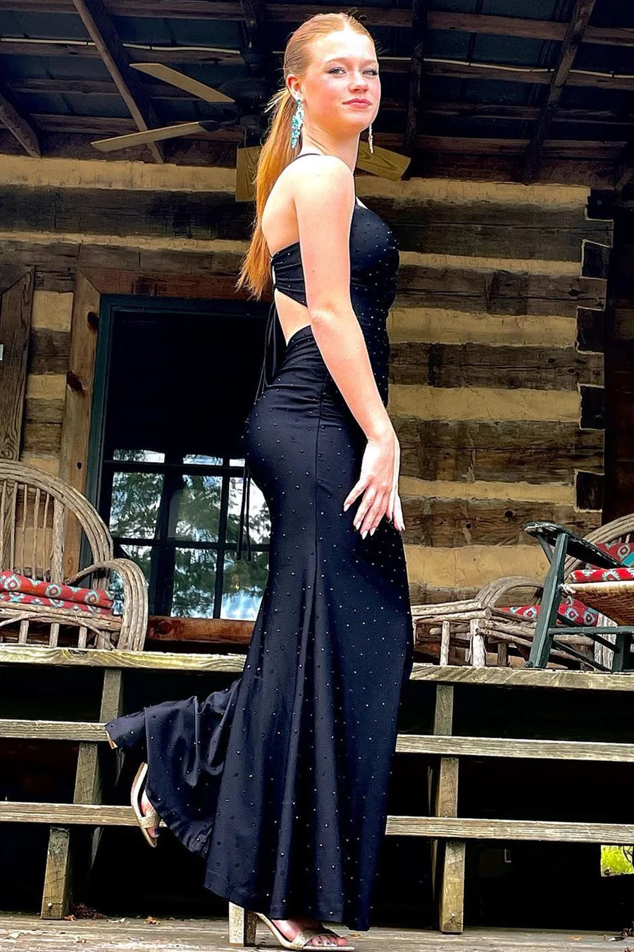 Lace-Up Mermaid Notched Hotfix Long Formal Dress