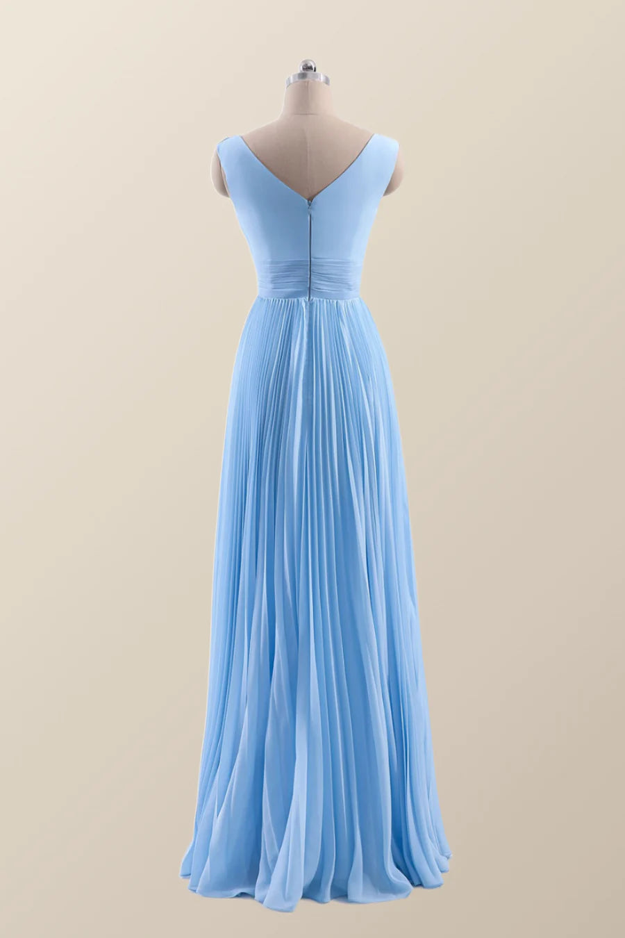 V Neck Blue Chiffon A-line Long Bridesmaid Dress