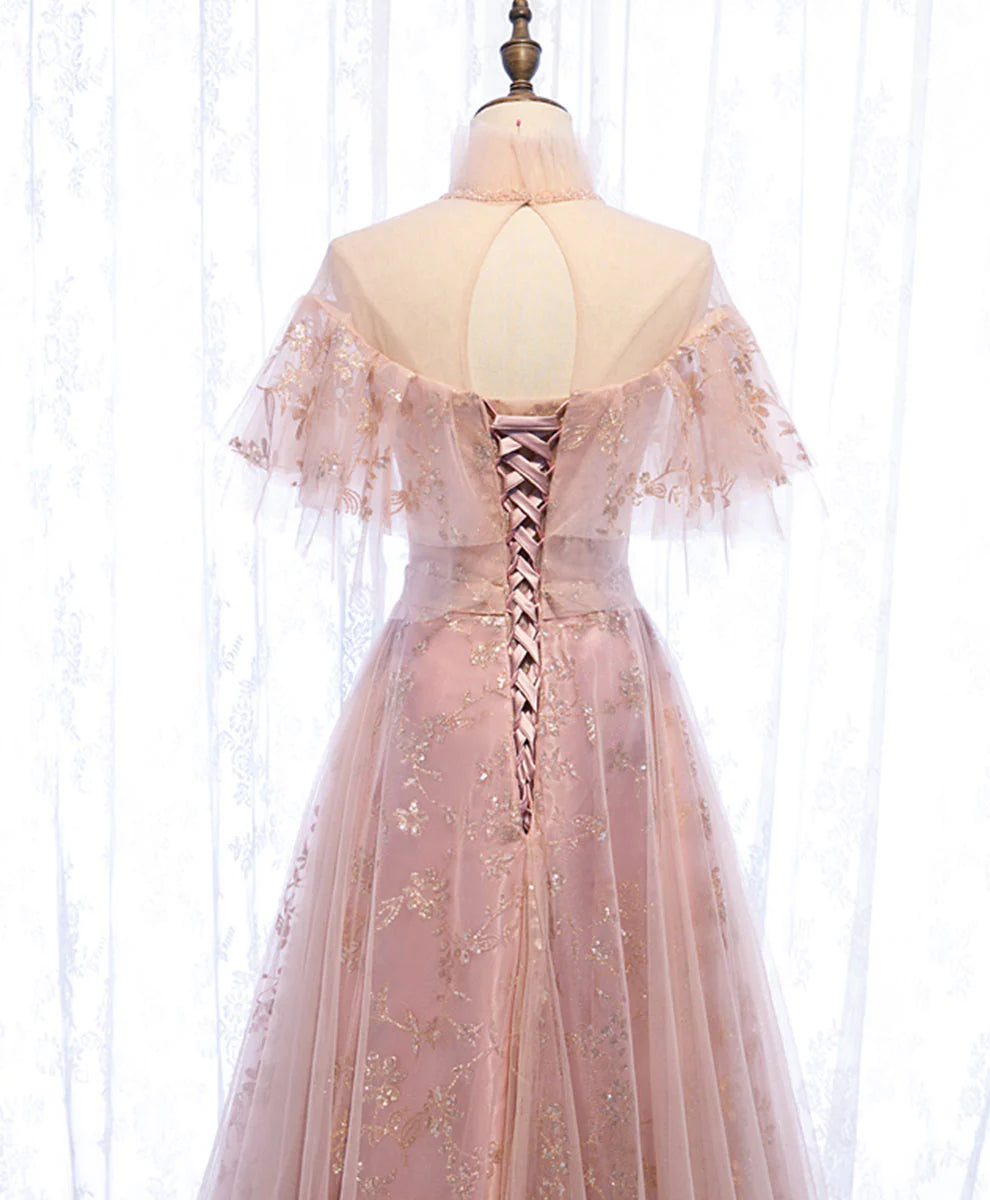 Tulle Lace Long Prom Dress Pink Tulle Formal Dress