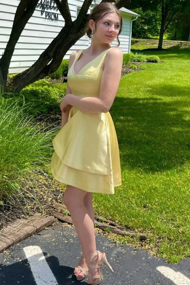 Yellow V-Neck Short Homecoming Dress