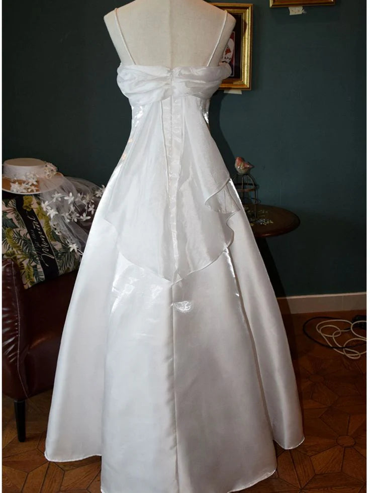 White Vintage Spaghetti Straps A Line Prom Dress Wedding Dress