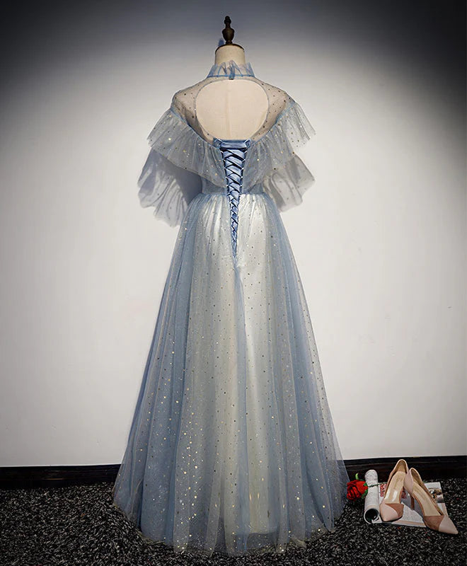 Tulle Lace Long Prom Dress Gray Blue Tulle Evening Dress