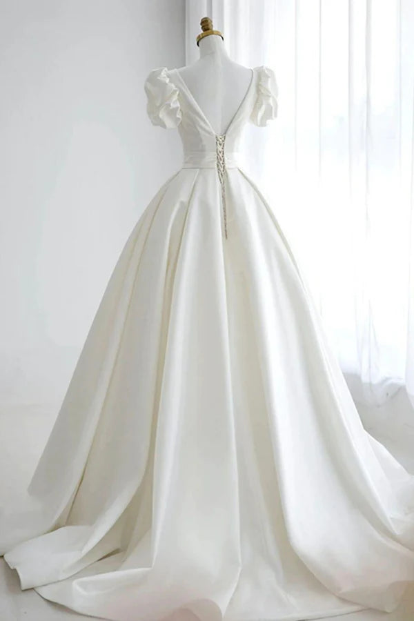 A Line V Neck White Wedding Dress with Short Sleeves