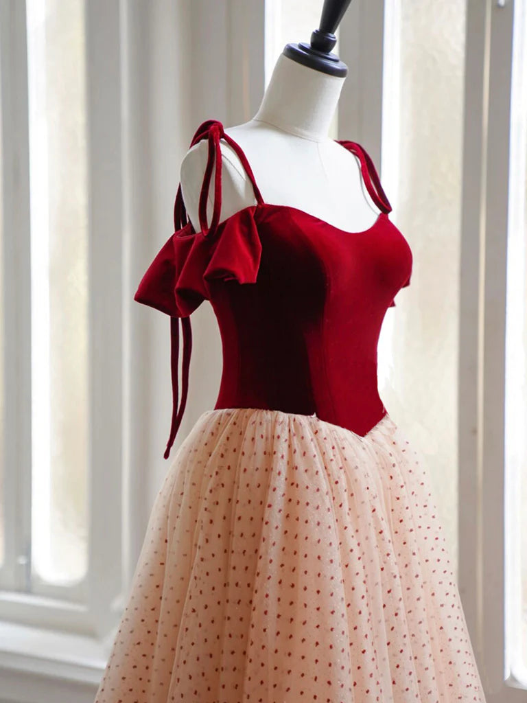 A-Line Burgundy Velvet Tulle Long Prom Dress