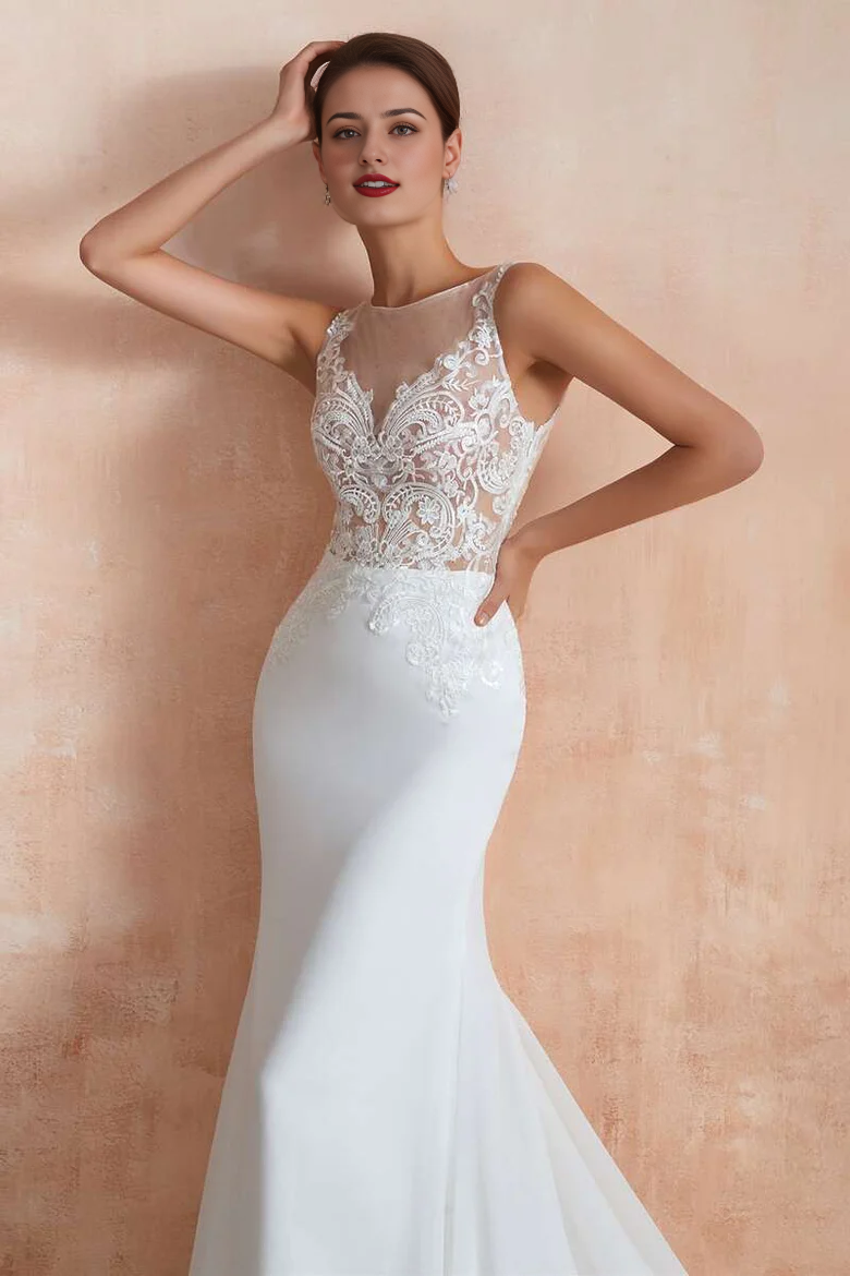 Sheer Lace Sleeveless Mermaid Long Wedding Dress