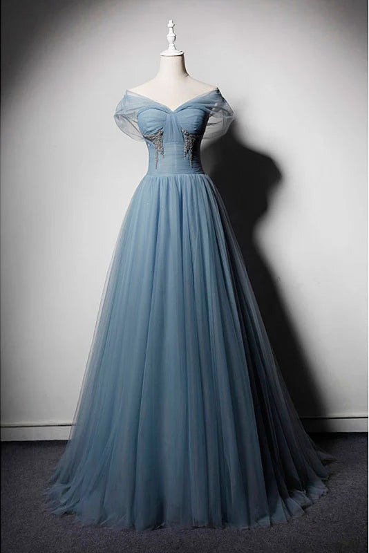 Blue tulle off shoulder long prom dress blue tulle evening dress