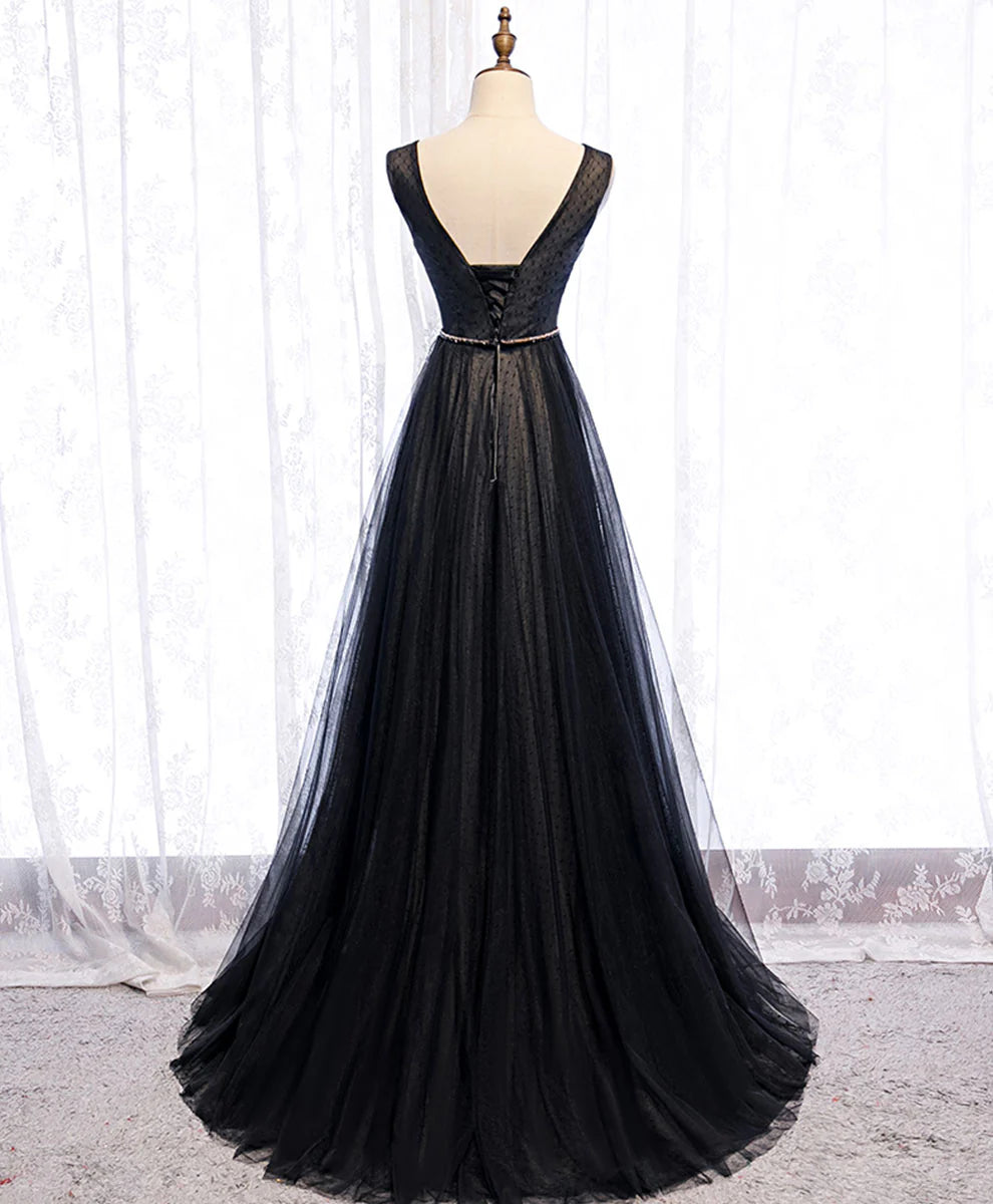 V Neck Tulle Lace Long Prom Dress Black Evening Dress