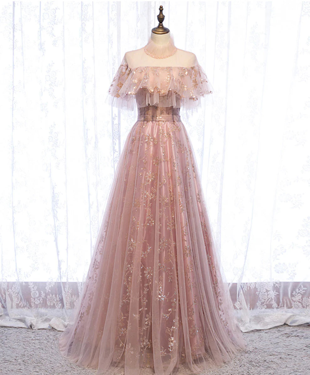 Tulle Lace Long Prom Dress Pink Tulle Formal Dress