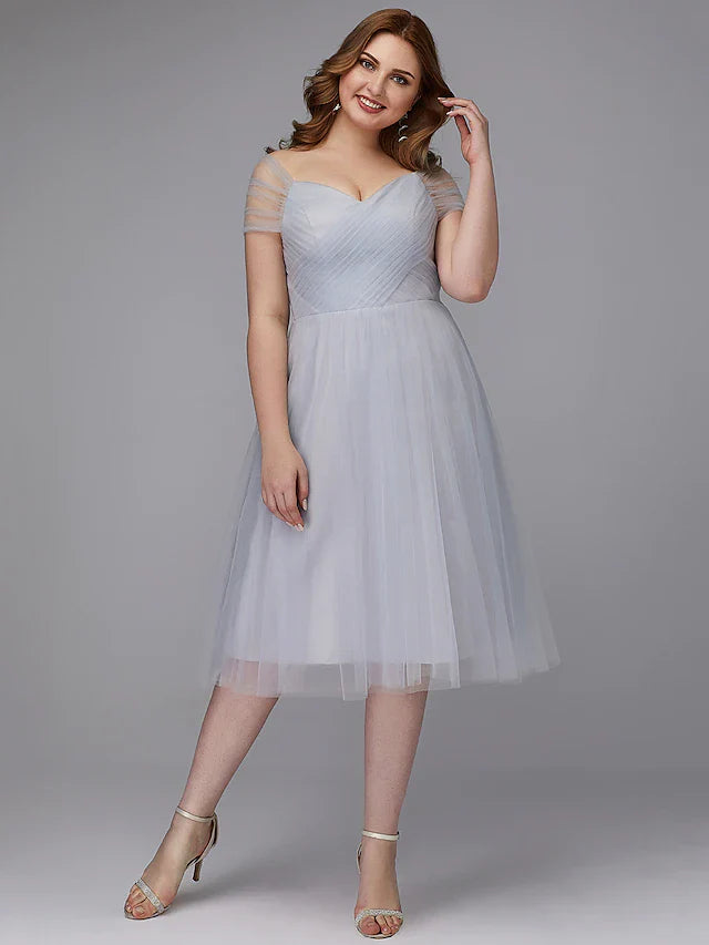 DingjiA-Line Elegant Cocktail Party Prom Dress Off Shoulder Short Sleeve Tea Length Tulle with Sash Ribbon Criss Cross