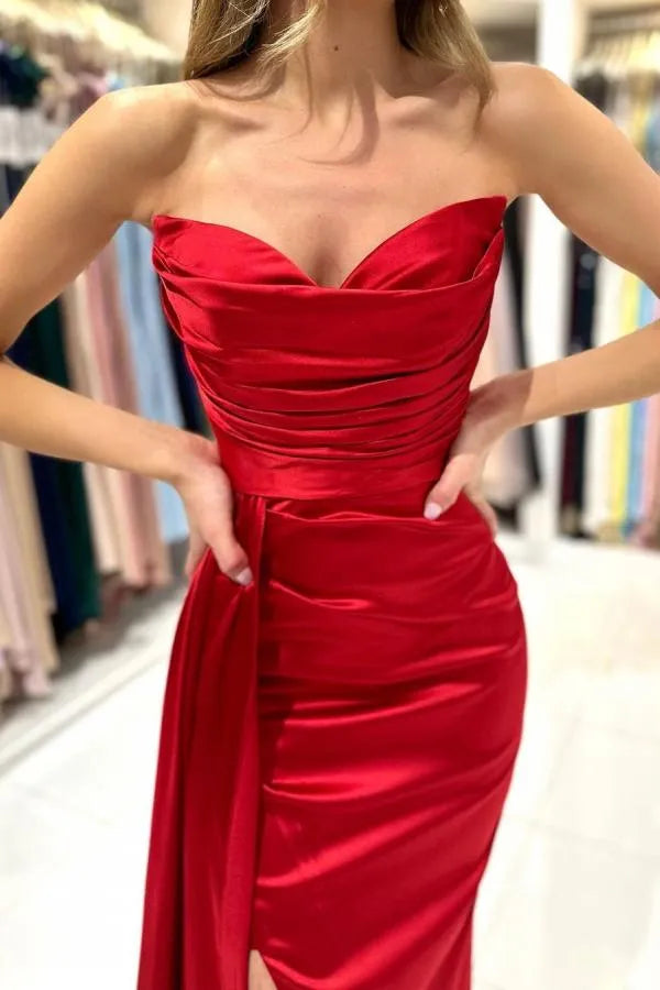 Long Mermaid Sweetheart Strapless Satin Prom Dress with Front Slit