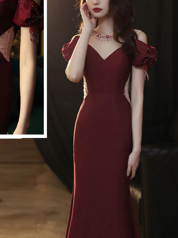 Round Neck Satin Mermaid Long Prom Dress Burgundy Formal Dress