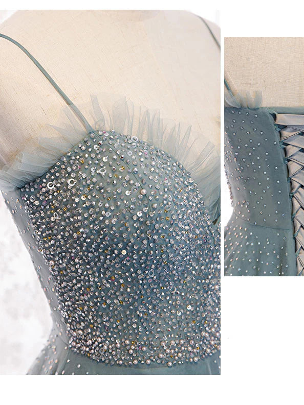 Sweetheart Neck Tulle Sequin Long Prom Dress Green Evening Dress