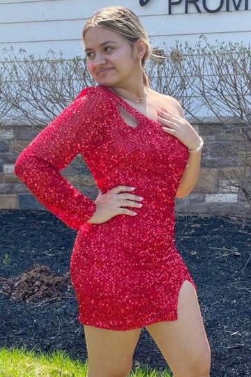 Sequin One-Sleeve Keyhole Short Party Dress