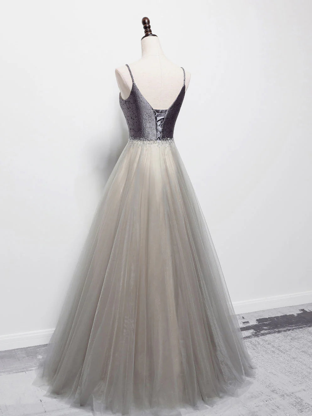 Gray V Neck Tulle Long Prom Dress Gray A line Gray Formal Dresses