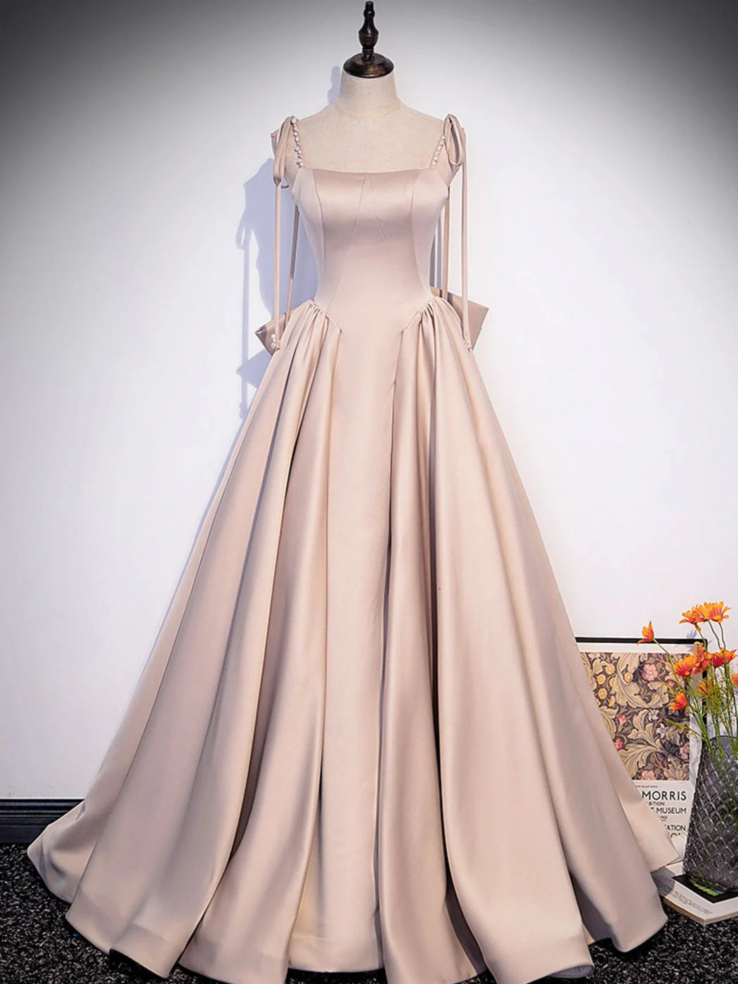 A-Line Satin Long Prom Dress Champagne Evening Dresses