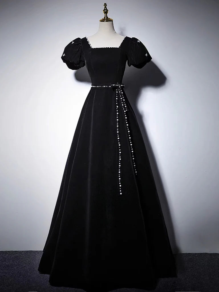 A-Line Velvet Black Long Prom Dress