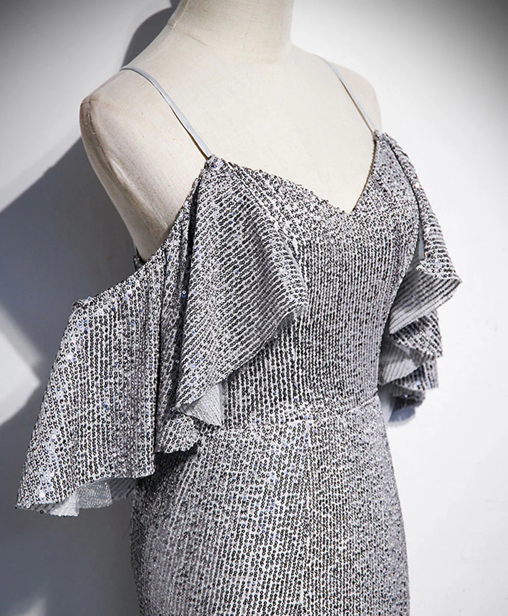 V Neck Sequin Mermaid Long Prom Dress Gray Formal Dress