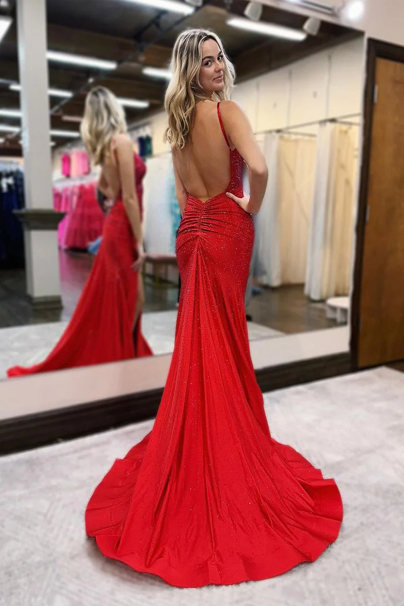 Red Beaded V Neck Mermaid Long Prom Dress