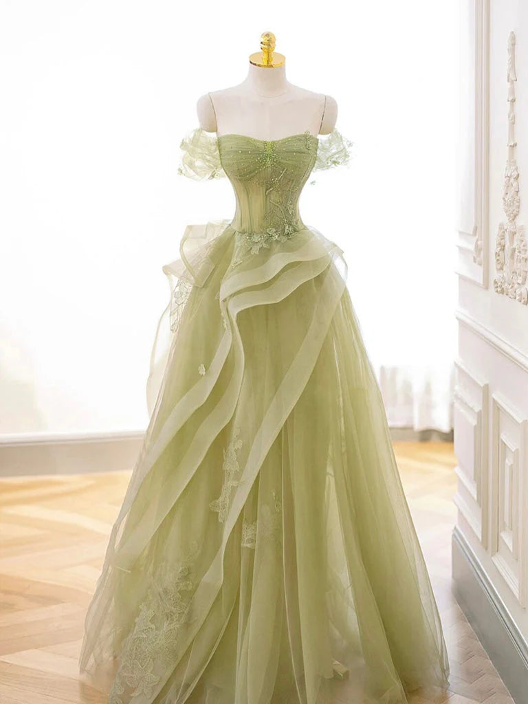 A-Line Off Shoulder Tulle Lace Green Long Prom Dress