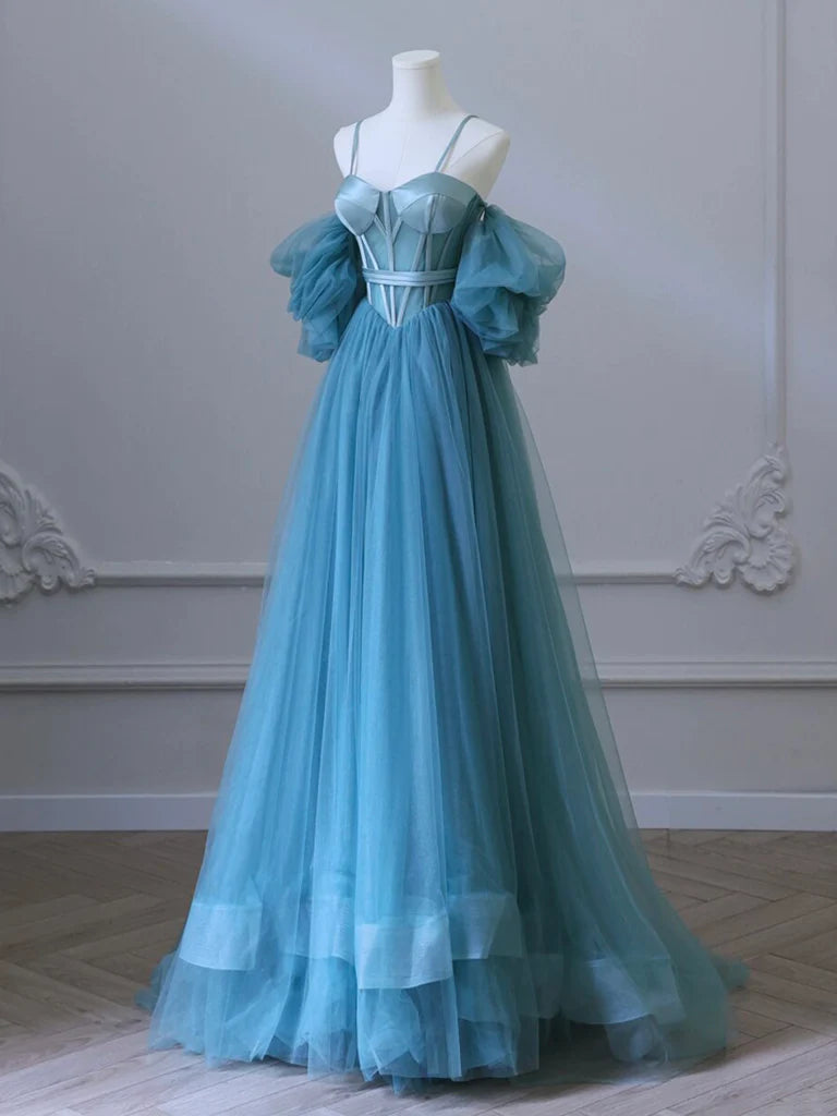 A-Line Sweetheart Neck Tulle Blue Long Prom Dress